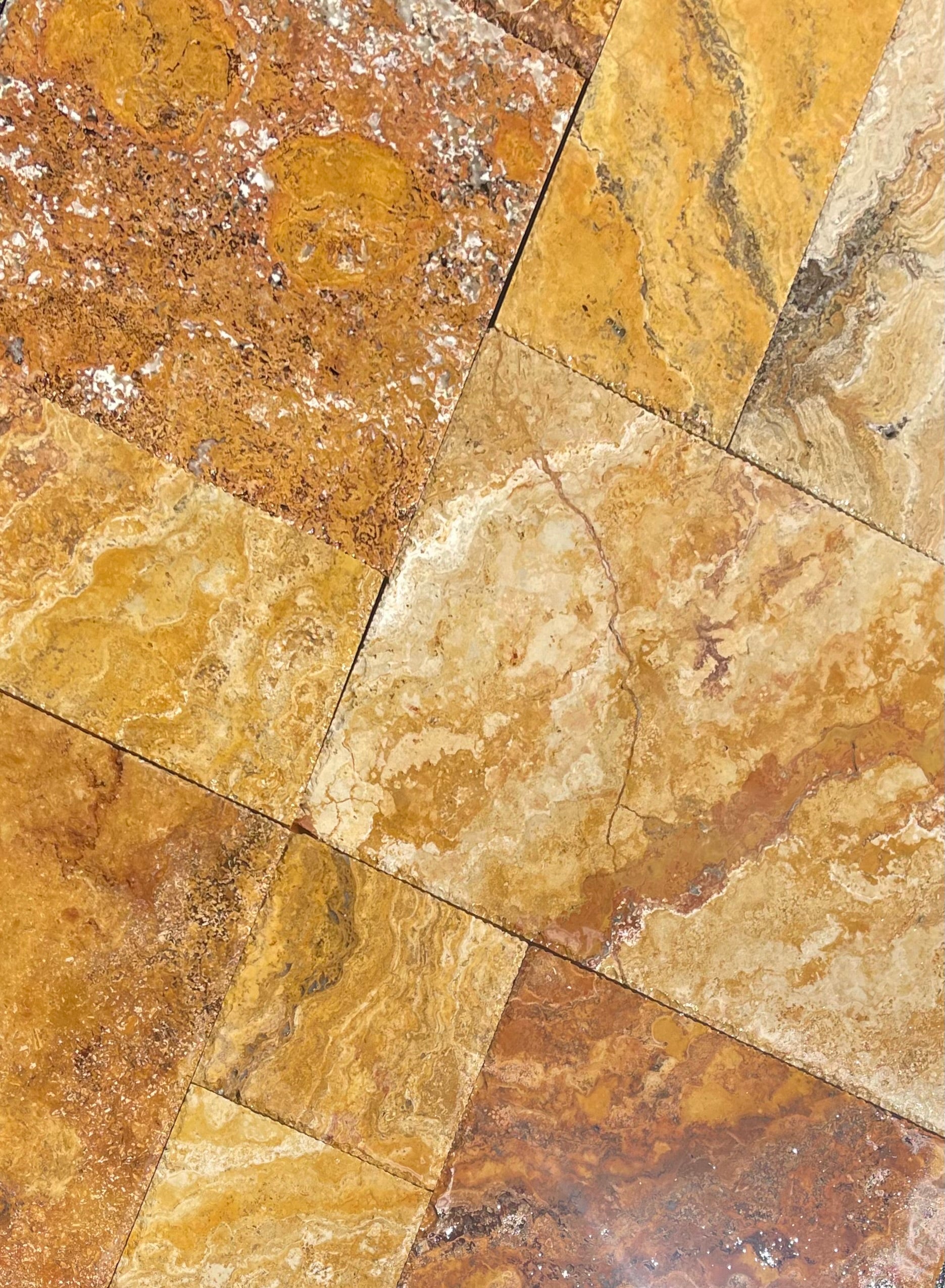 Flat view of Tuscany Gold Travertine Versailles Pattern with brushed and chiseled finish