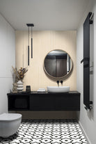 Urbanslat Blonde Wood Look Panels installed in modern bathroom shower with seamless matte finish