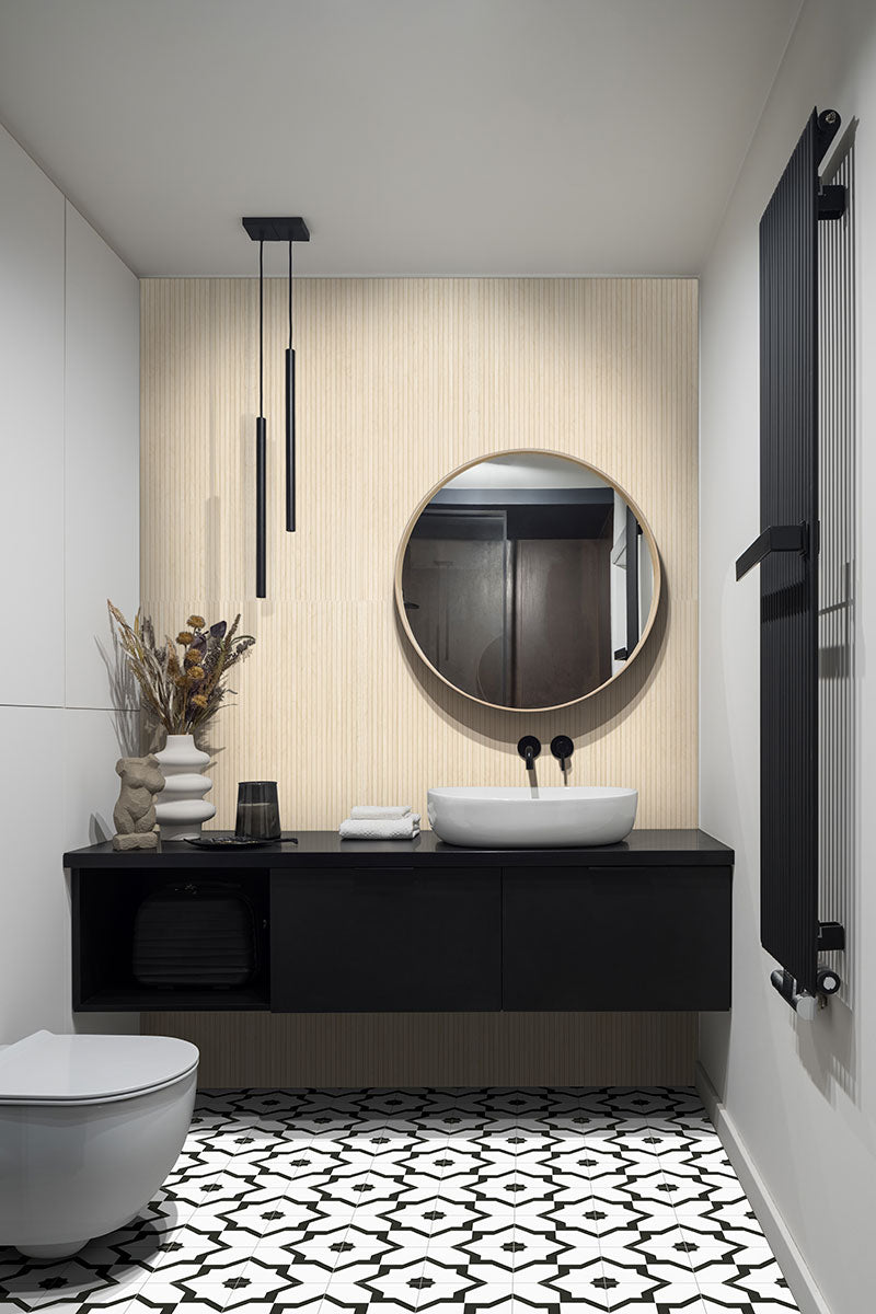 Urbanslat Blonde Wood Look Panels installed in modern bathroom shower with seamless matte finish