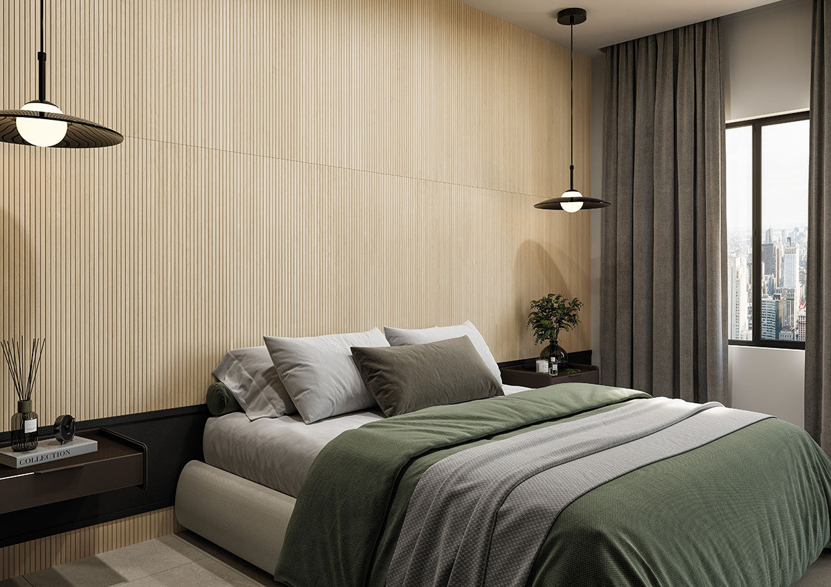 Urbanslat Blonde Wood Look Panels installedbedroom wall with seamless matte finish
