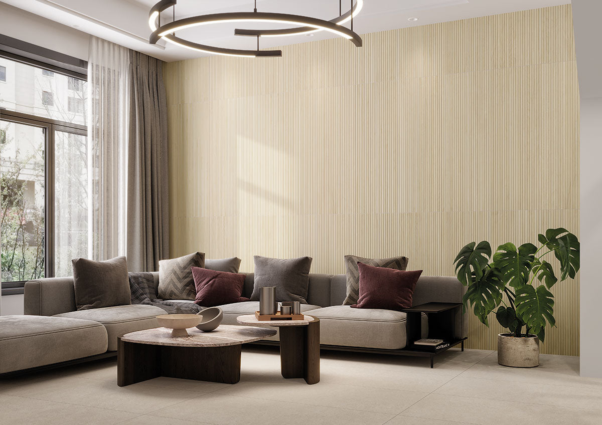 Urbanslat Blonde Wood Look Panels installed on living room wall with seamless matte finish