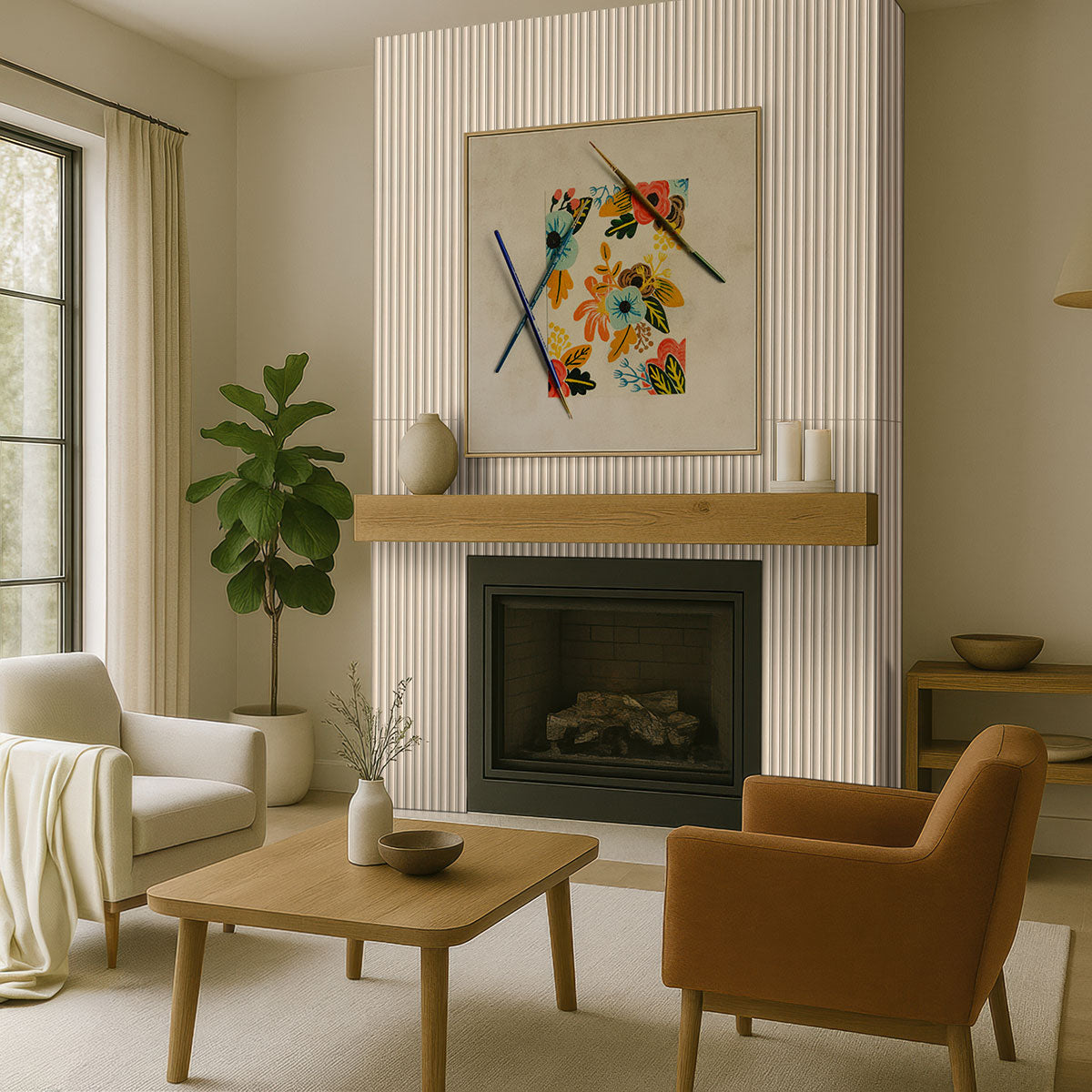 Urbanslat Flute Maple Wall Panels installed in fireplace wall with seamless look