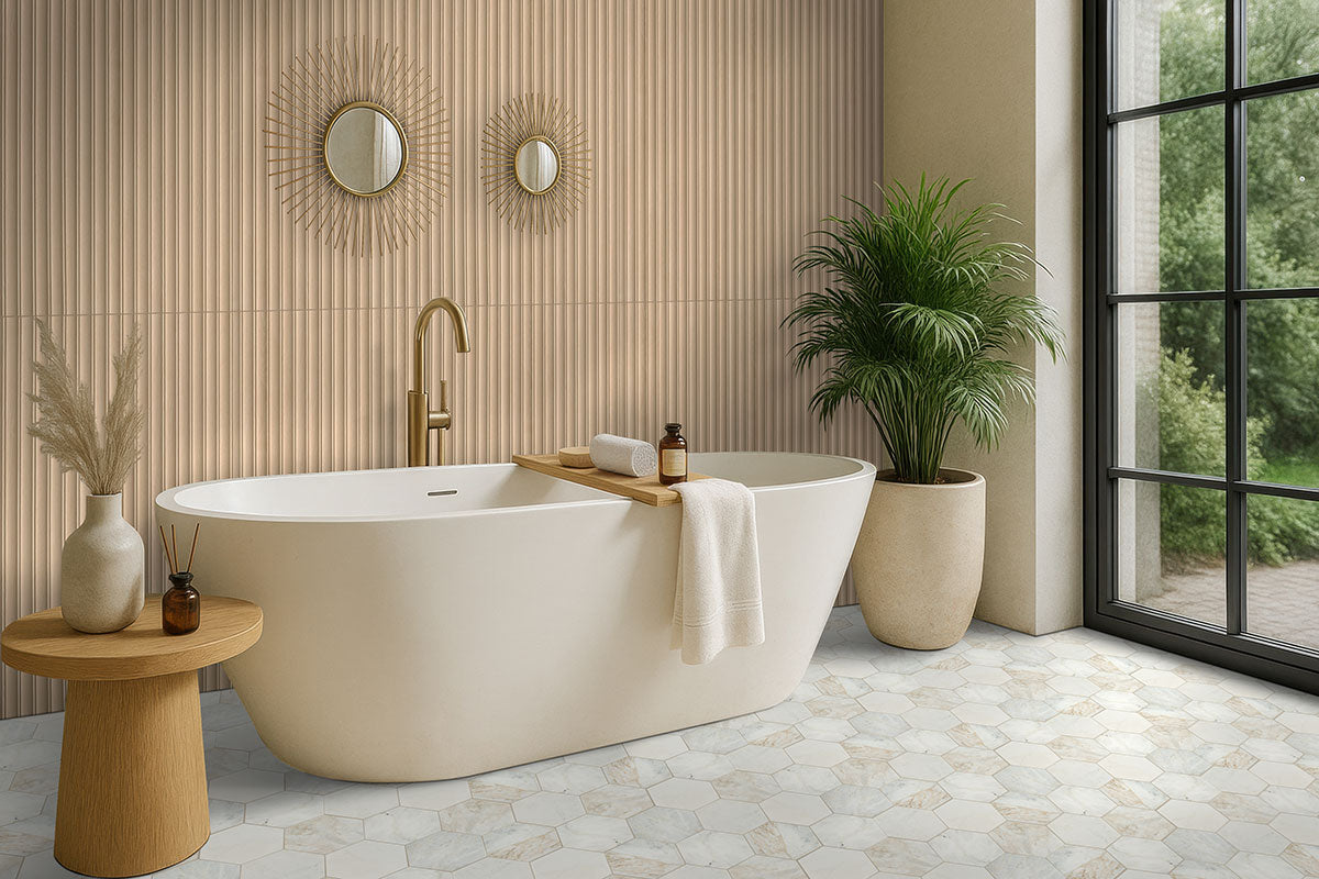 Urbanslat Flute Oak Wall Panels installed in modern bathroom with spa-like ambiance