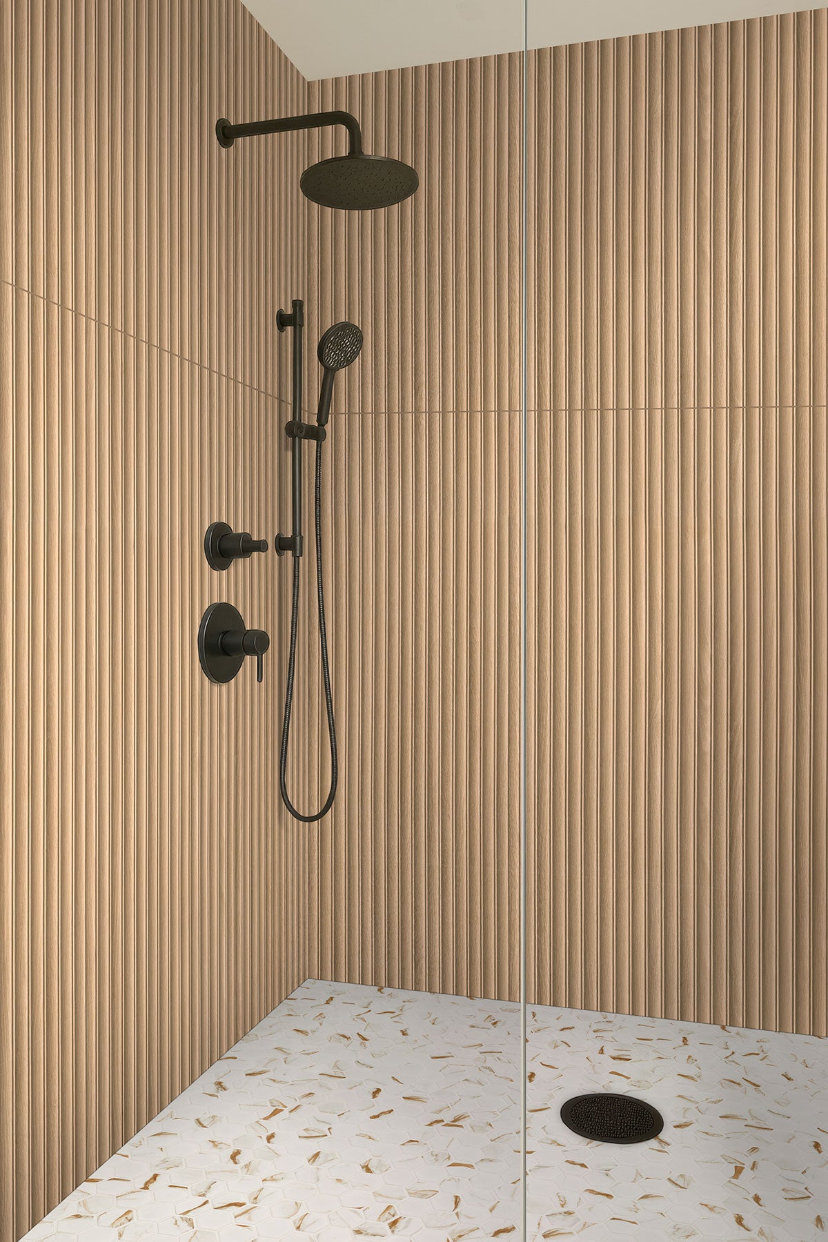Urbanslat Flute Timber Wall Panels installed in contemporary bathroom with spa-inspired design
