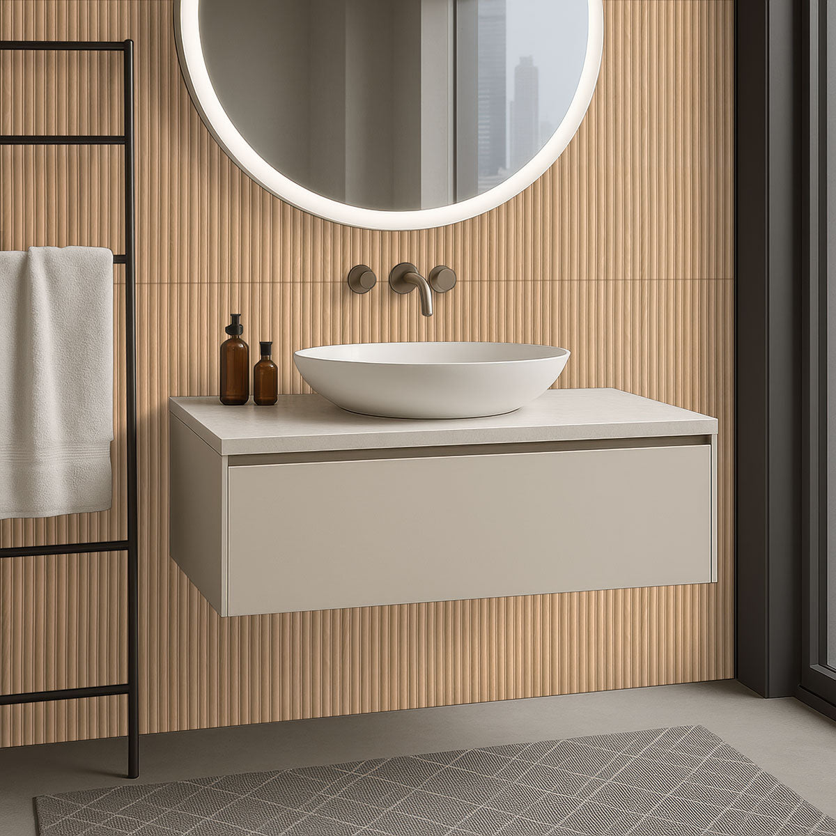 Urbanslat Flute Timber Wall Panels installed in contemporary bathroom with spa-inspired design