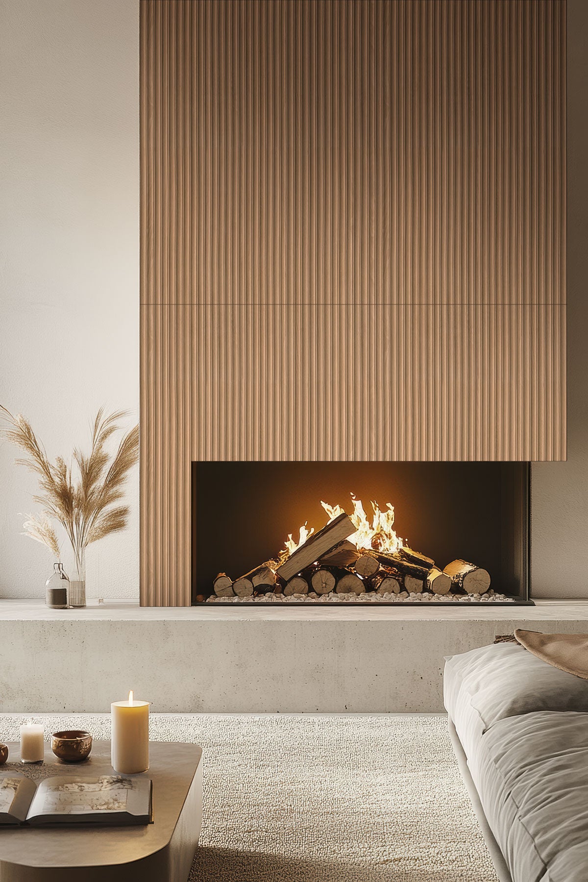 Urbanslat Flute Timber Wall Panels installed on fireplace wall