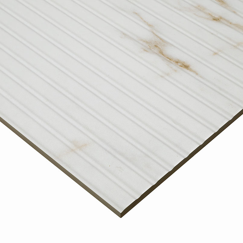 Edge of Urbanslat Marmi Gold showing 3D fluted texture and soft satin finish