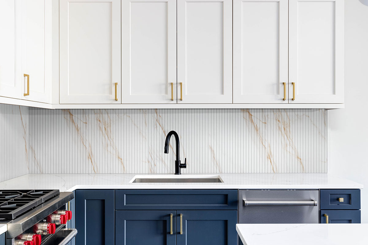 Urbanslat Marmi Gold Wall Panels installed on modern kitchen with seamless vertical layout