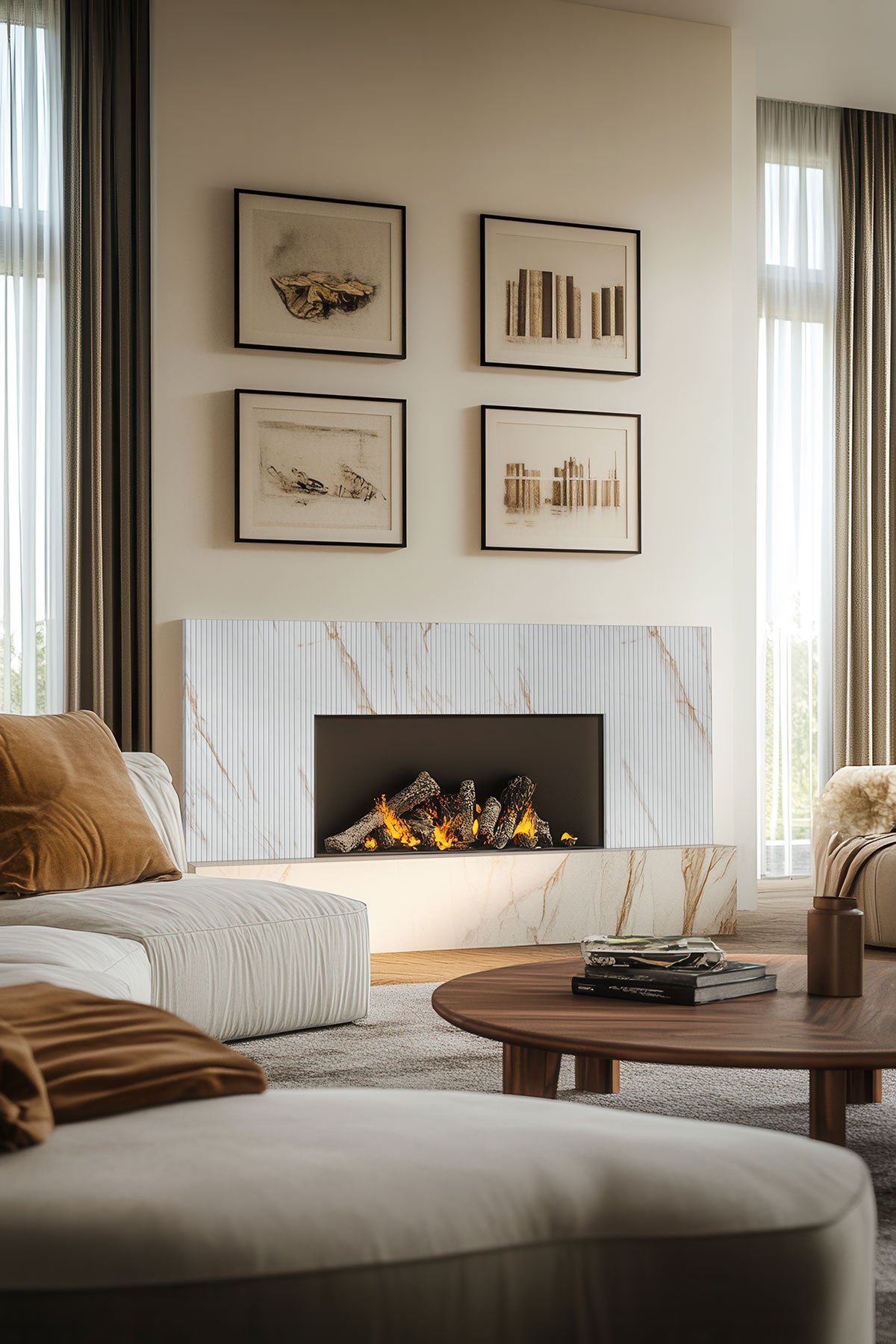 Urbanslat Marmi Gold Wall Panels installed on modern fireplace with seamless vertical layout