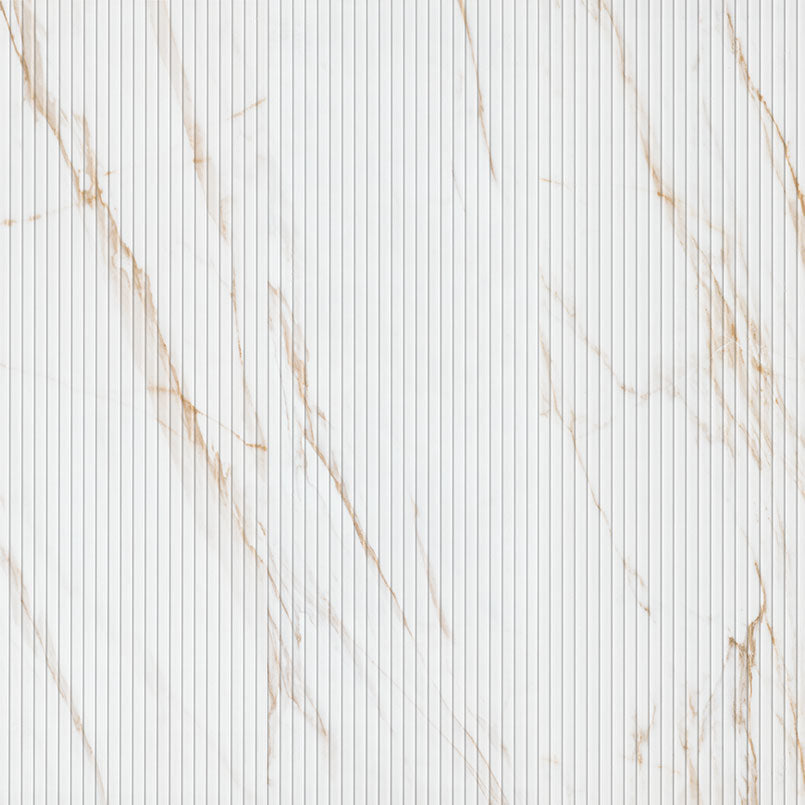 Flat view of Urbanslat Marmi Gold Wall Panel, 16x48 ceramic tile with fluted marble-look design and gold veining
