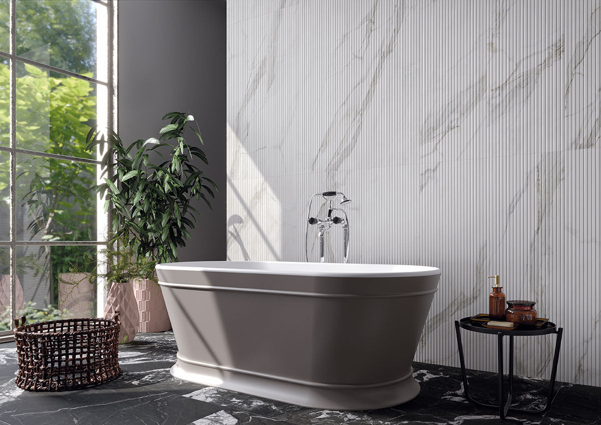 Urbanslat Marmi Grey Wall Panels installed on bathroom feature wall with clean vertical flow