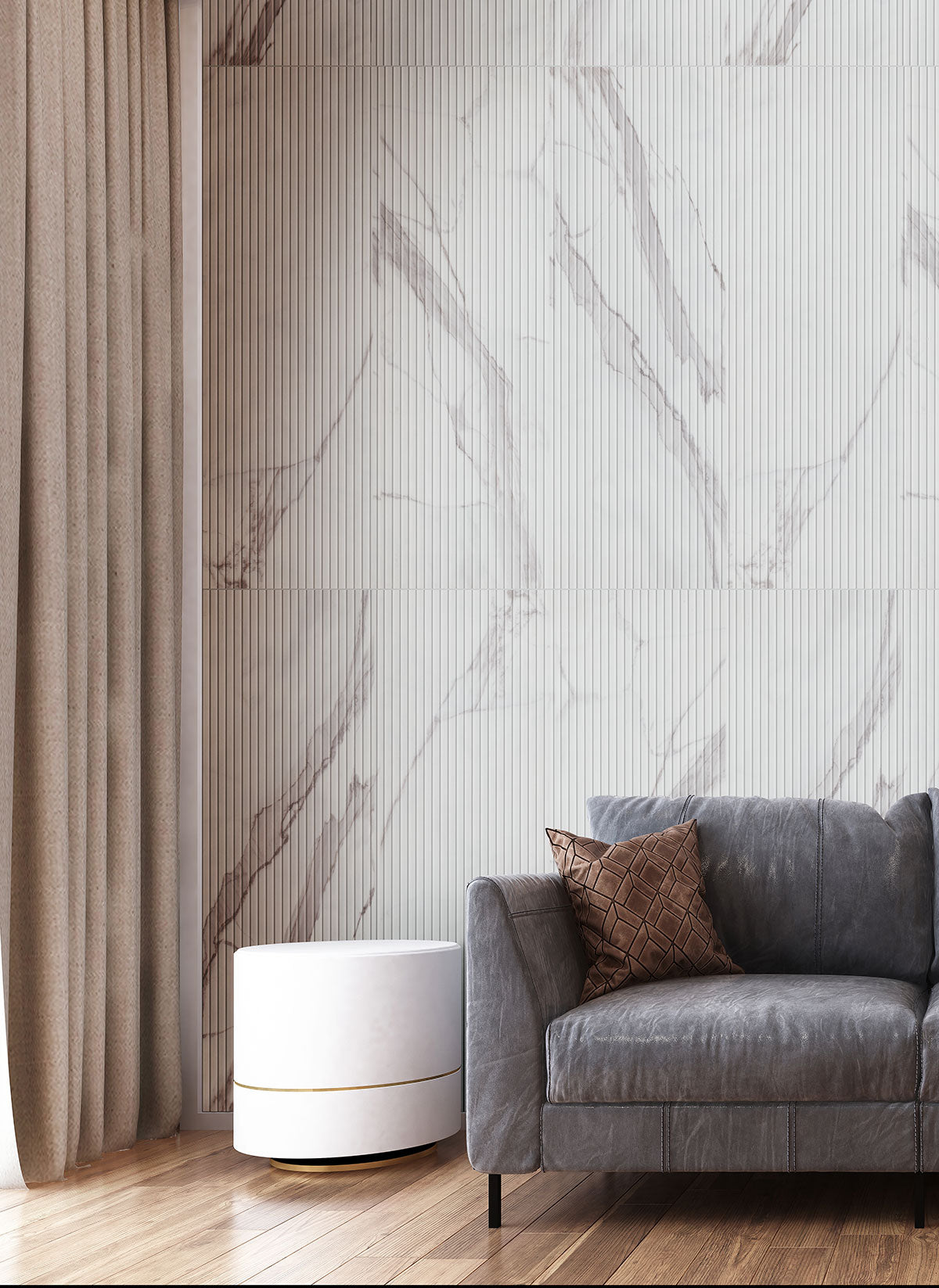 Urbanslat Marmi Grey Wall Panels installed onliving room feature wall with clean vertical flow
