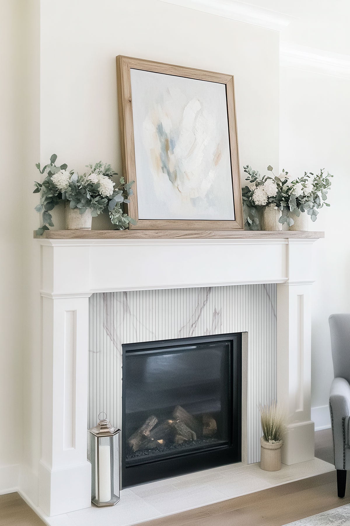 Urbanslat Marmi Grey Wall Panels installed on fireplace wall with clean vertical flow