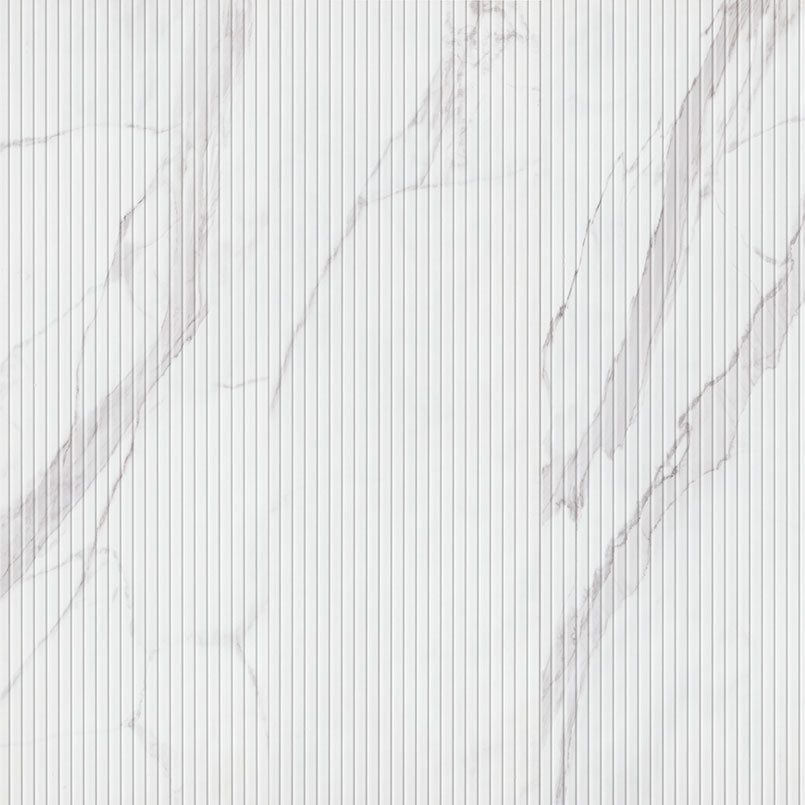 Flat view of Urbanslat Marmi Grey Wall Panel, 16x48 ceramic tile with fluted marble-look design and grey veining
