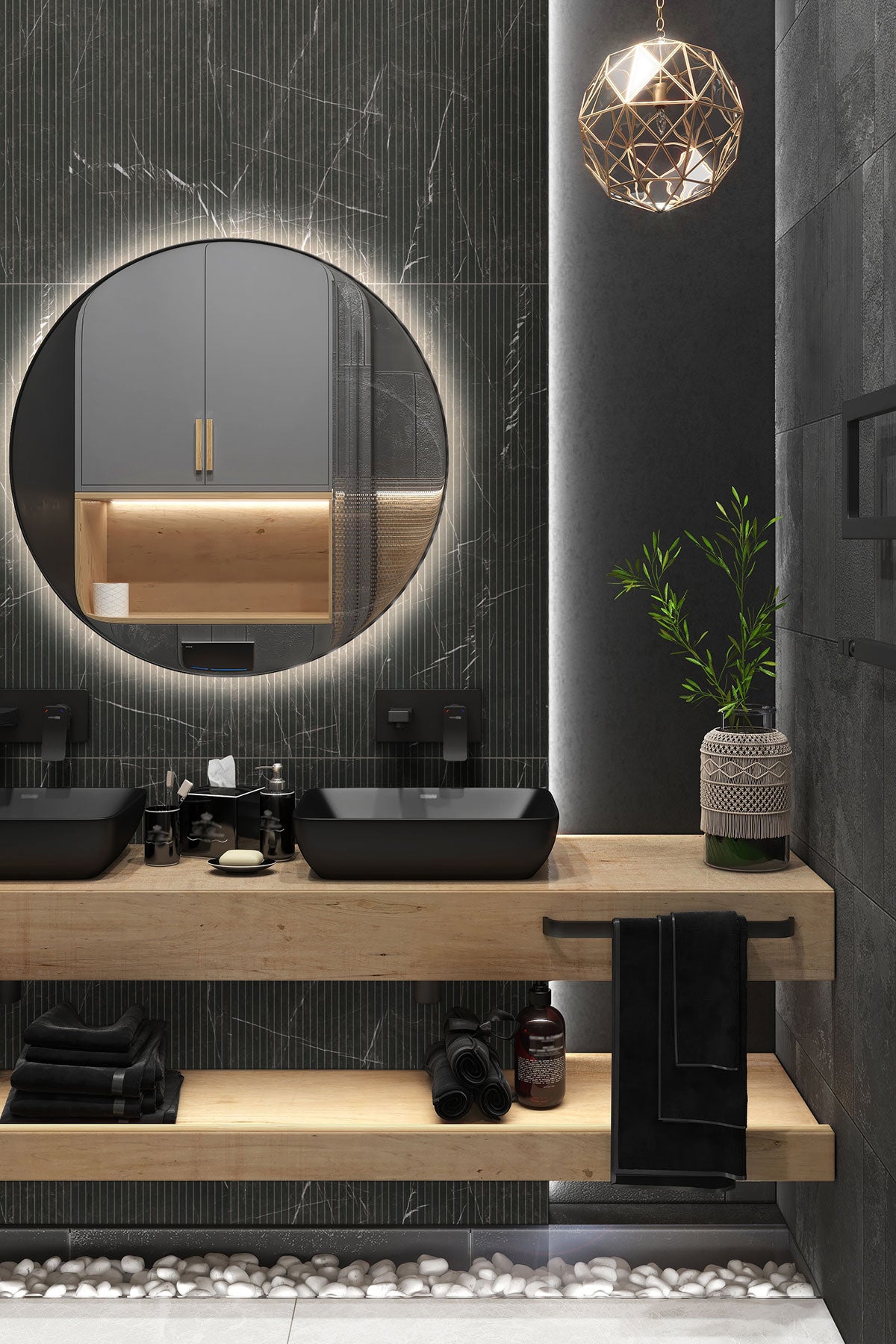 Urbanslat Marmi Noir Wall Panels installed on bathroom wall with sleek, seamless vertical layout