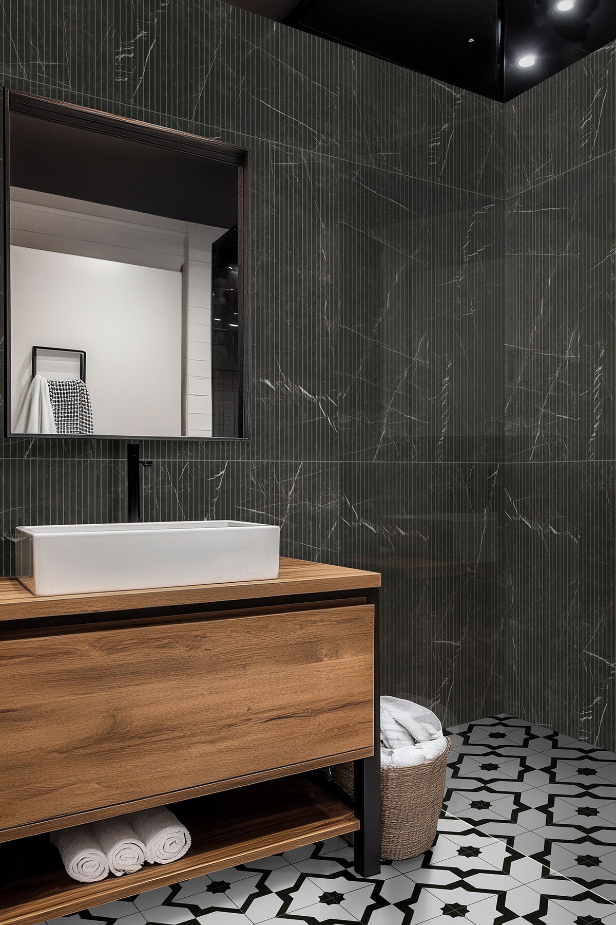 Urbanslat Marmi Noir Wall Panels installed on feature wall with sleek, seamless vertical layout