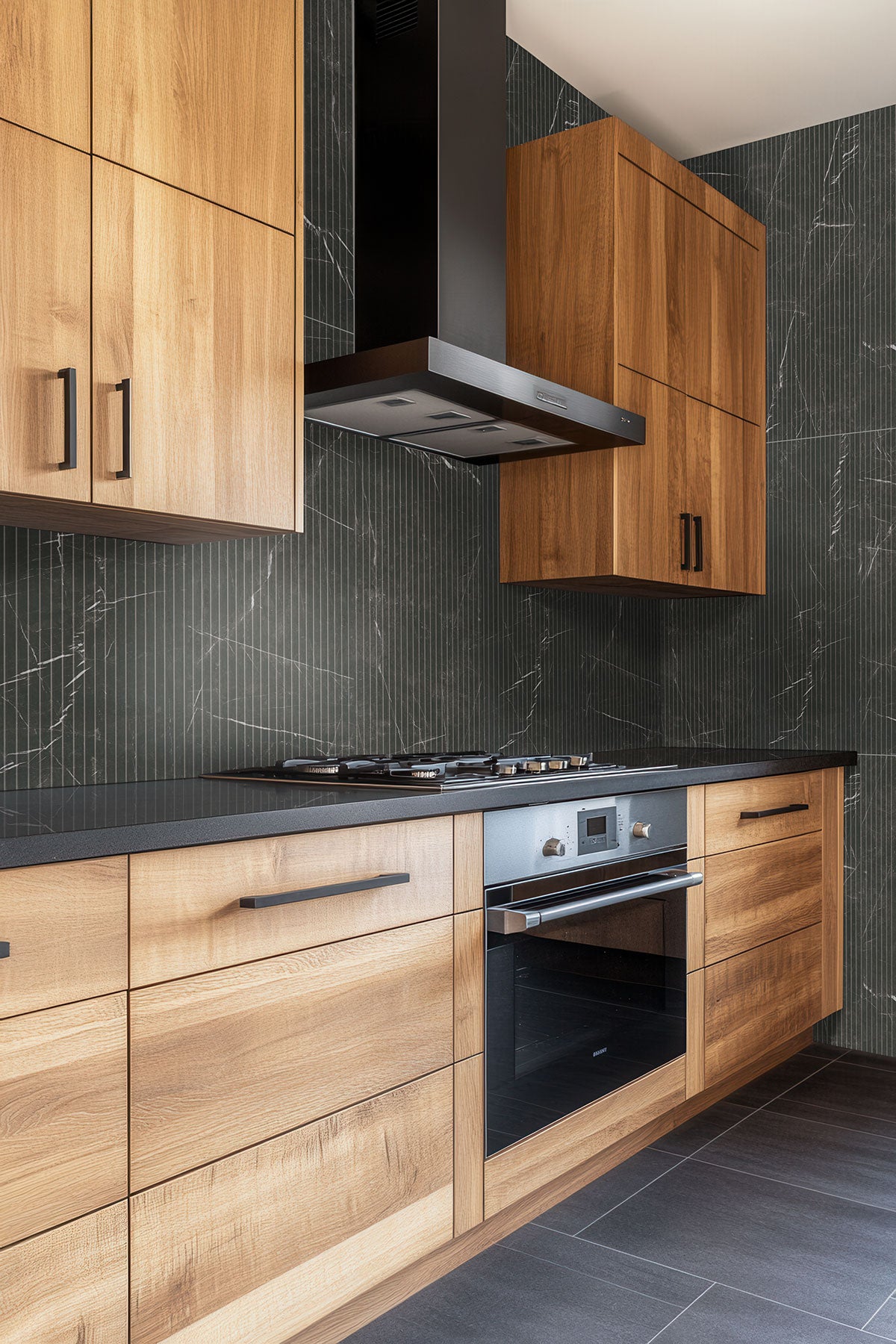 Urbanslat Marmi Noir Wall Panels installed on kitchen wall with sleek, seamless vertical layout