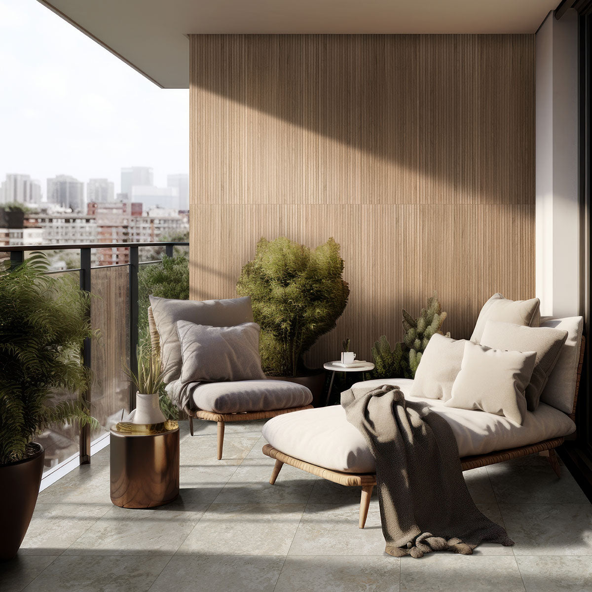 Urbanslat Natural Wood Look Wall Panels installed on balcony wall with seamless, vertical layout