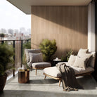 Urbanslat Natural Wood Look Wall Panels installed on balcony wall with seamless, vertical layout