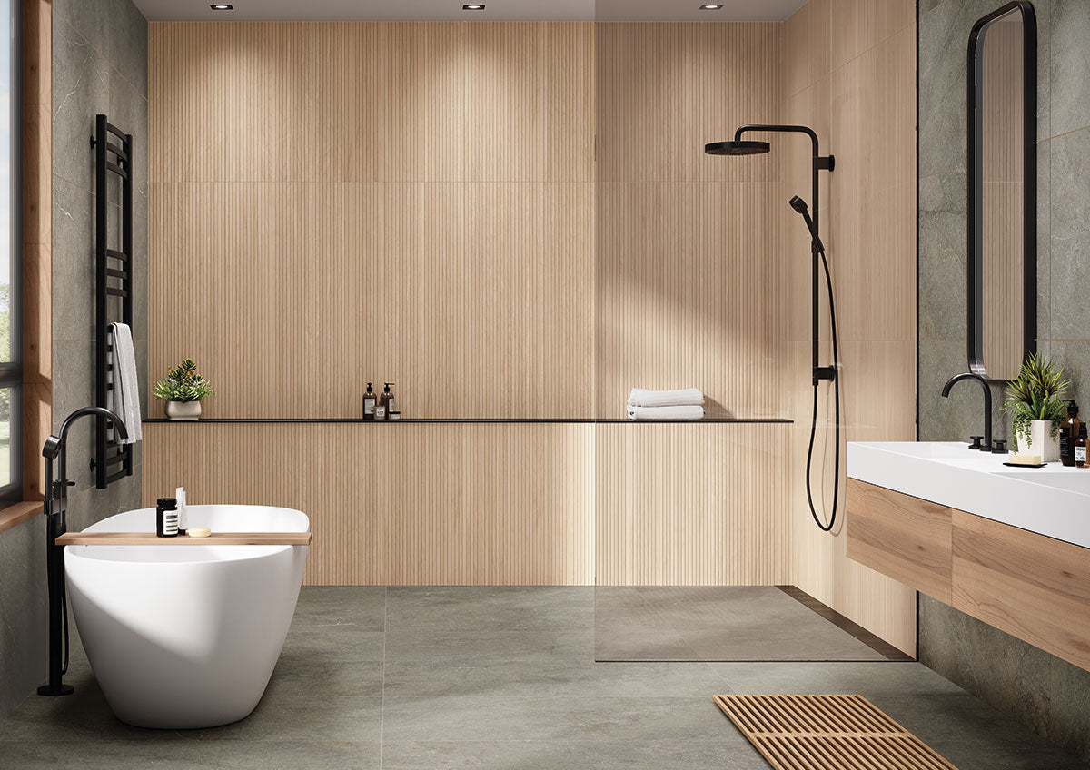 Urbanslat Natural Wood Look Wall Panels installed on bathroom feature wall with seamless, vertical layout