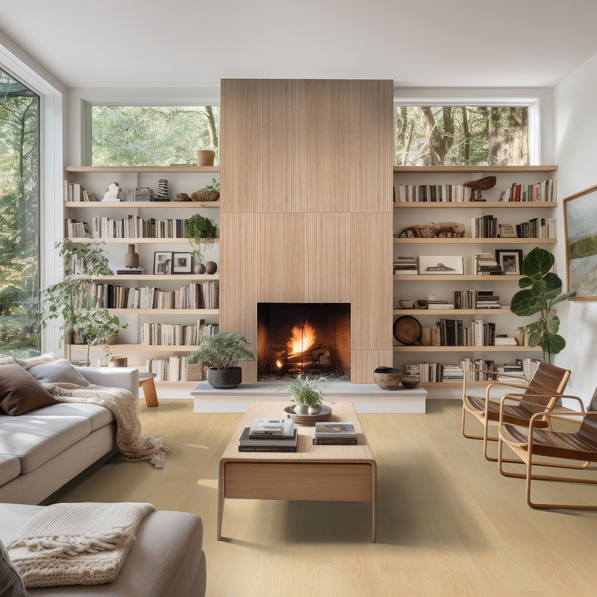 Urbanslat Natural Wood Look Wall Panels installed on fireplace wall with seamless, vertical layout