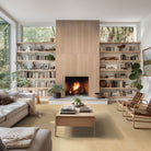 Urbanslat Natural Wood Look Wall Panels installed on fireplace wall with seamless, vertical layout