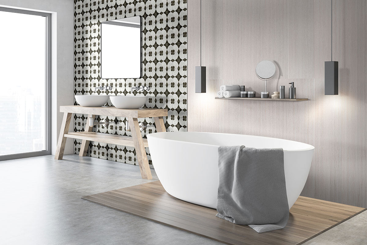 Urbanslat White Wood Look Wall Panels installed on a bathroom wall surround with seamless vertical layout