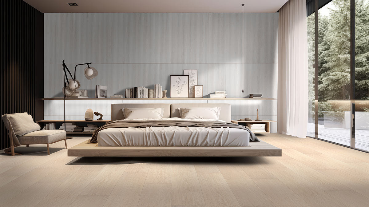 Urbanslat White Wood Look Wall Panels installedon a bedroom wall surround with seamless vertical layout