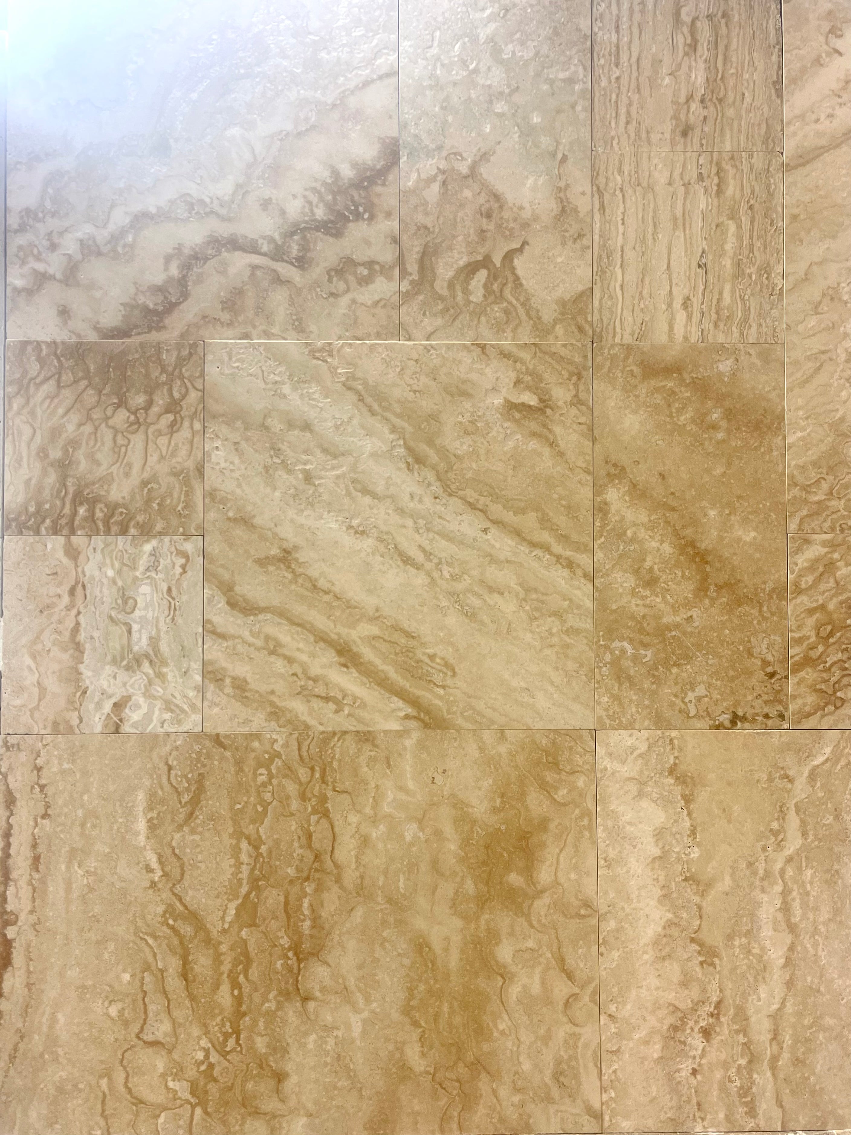 Wooden Travertine Versailles Pattern with brushed and chiseled finish in multi-size tile layout