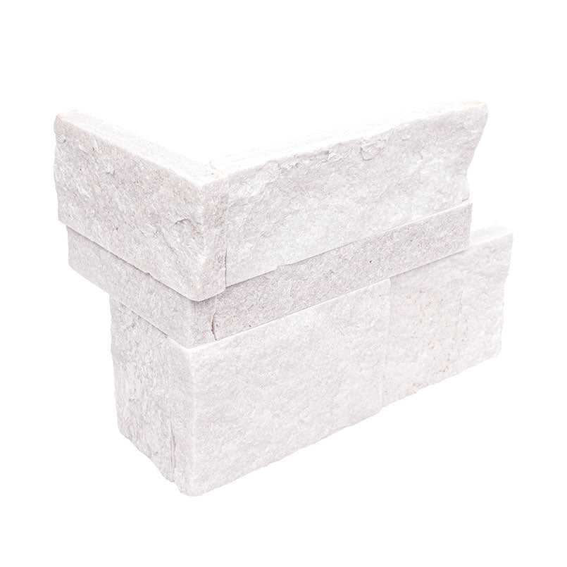 Flat view of XL Rockmount Arctic White 9x18 Corner with split-face quartzite surface in bright white tones