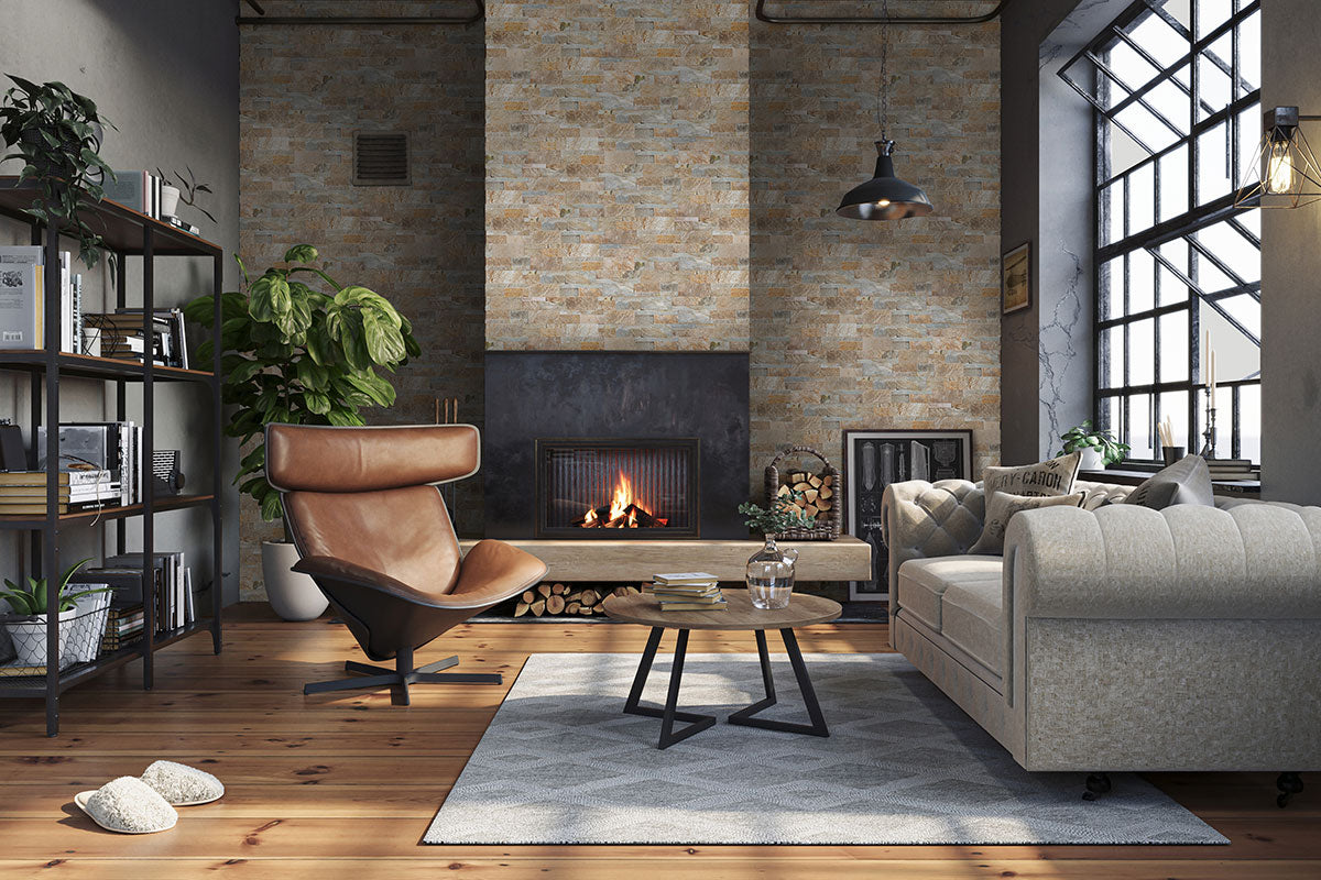 XL Rockmount Golden Honey Corners installed on a fireplace wall with seamless wrap-around finish