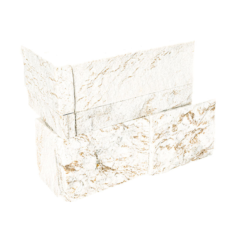 Flat view of XL Rockmount Royal White 9x18 Corner with split-face texture and white quartzite tones
