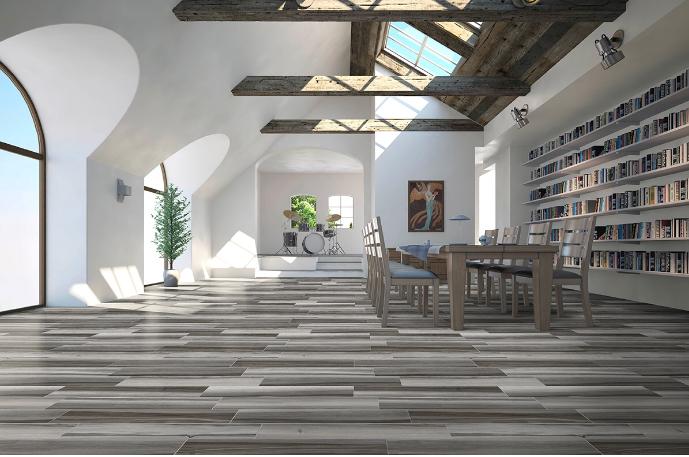 Close-up of Acazia Blackwood tile with deep gray wood grain texture in matte finish