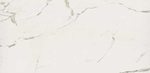 Flat lay of Albatros 24x48 polished porcelain tile with bold gray marble veining on a white background