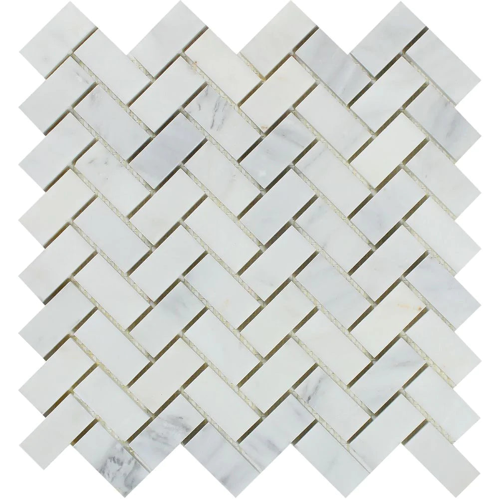 Arabescato Carrara 1x2 inch herringbone marble mosaic tile sheet