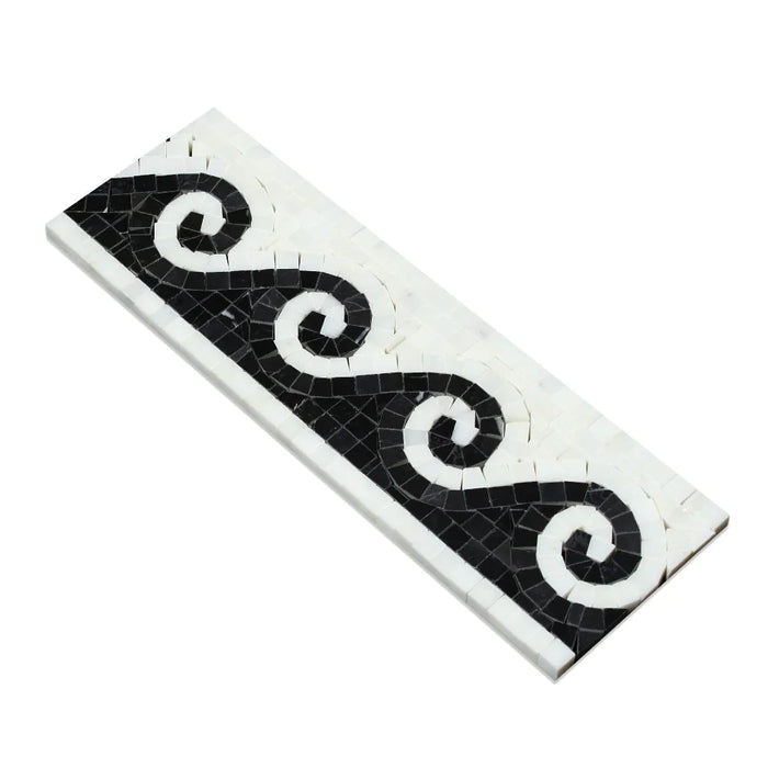 Arabescato Carrara Greek Wave Border Black 4x12 inch marble tile