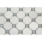 Close-up of Arabescato Carrara Octagon Blue Mosaic showing polished octagon pattern with blue dots