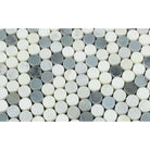 Close-up of Arabescato Carrara penny round marble with blue veining detail
