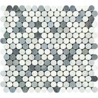 Arabescato Carrara Penny Round Blue Mosaic tile with white, gray, and blue tones