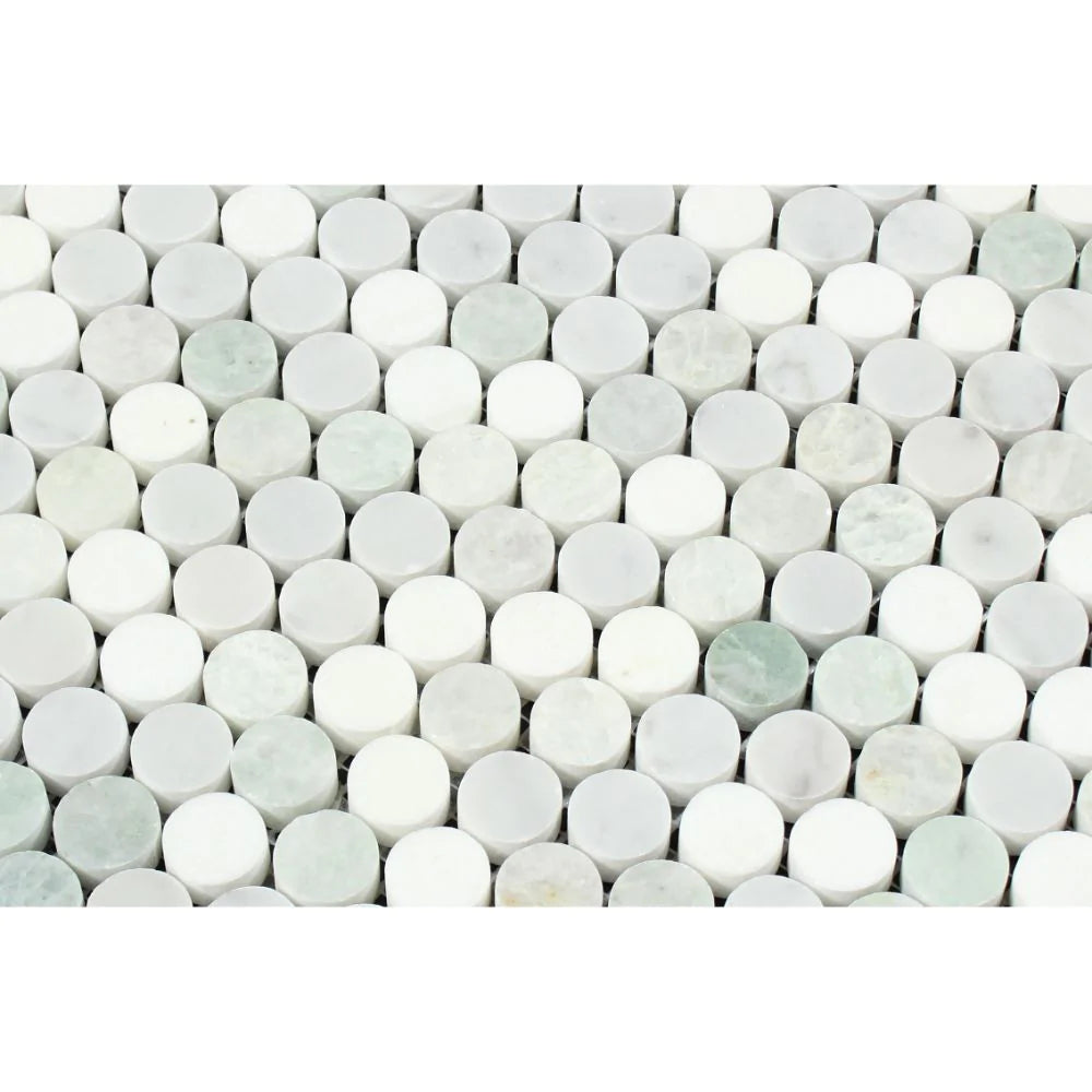 Close-up of penny round Arabescato Carrara marble mosaic showing soft green veining
