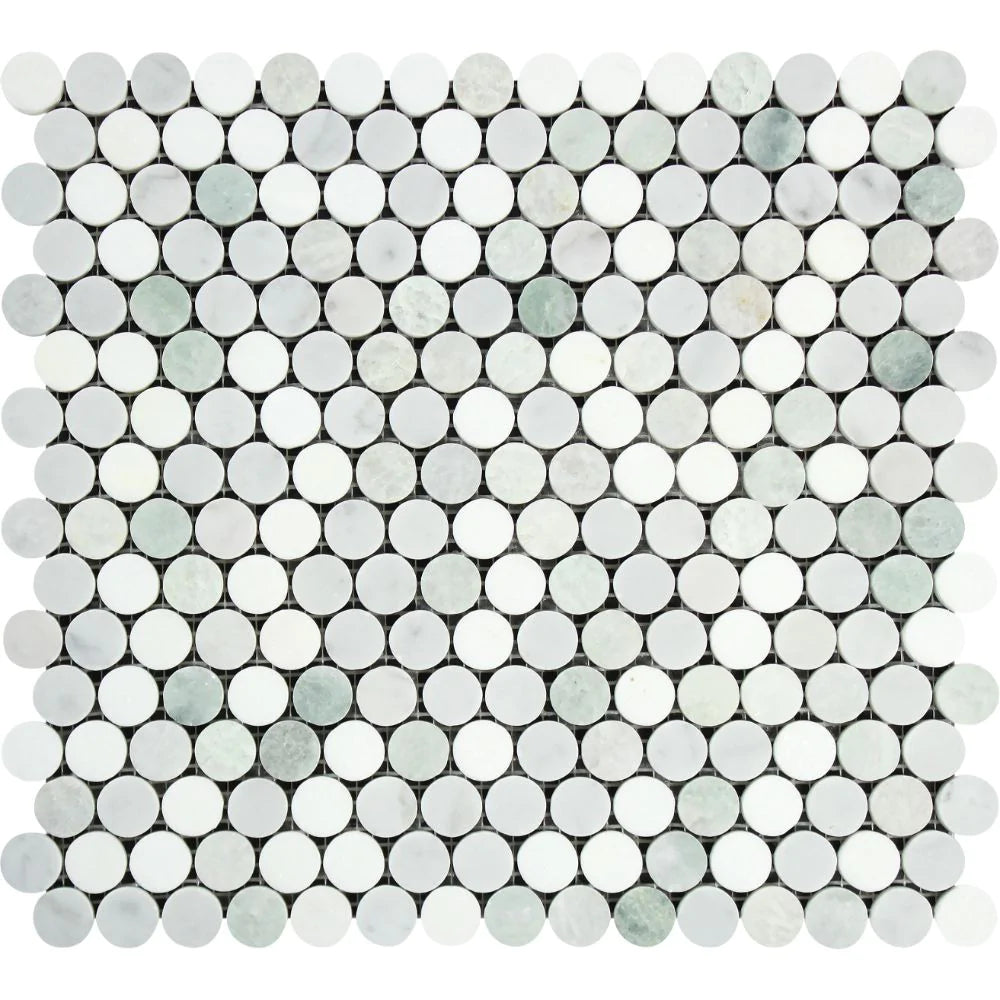 Arabescato Carrara Penny Round Green Mosaic with polished marble circles on mesh