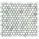 Arabescato Carrara Penny Round Green Mosaic with polished marble circles on mesh