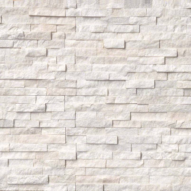Top view of Arctic White Marble stacked stone panel with clean white tones and textured surface