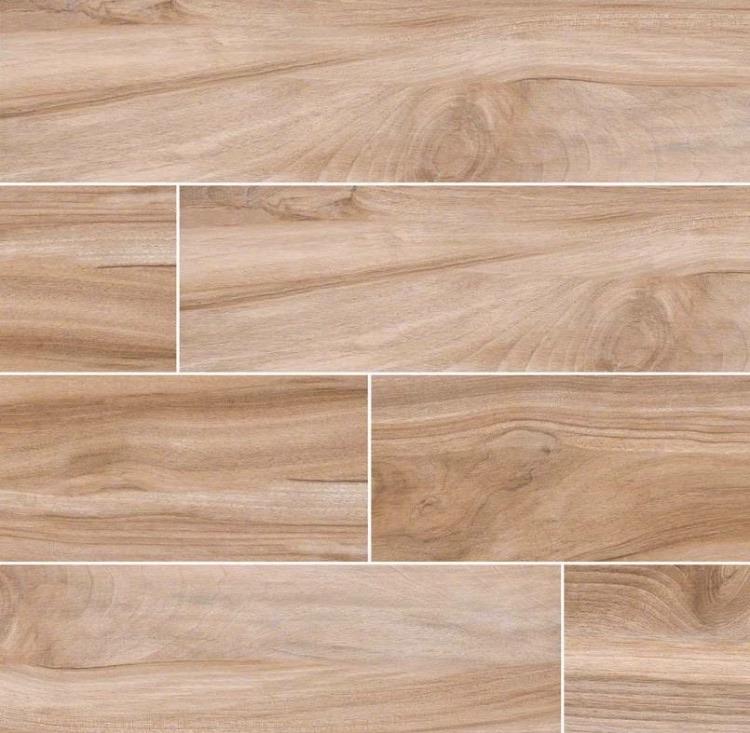 Flat lay of Aspenwood Amber 9x48 wood-look porcelain tile showcasing natural wood grain