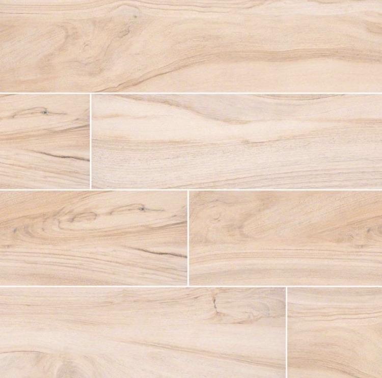 Flat lay of Aspenwood Arctic 9x48 wood-look porcelain tile in warm beige tones