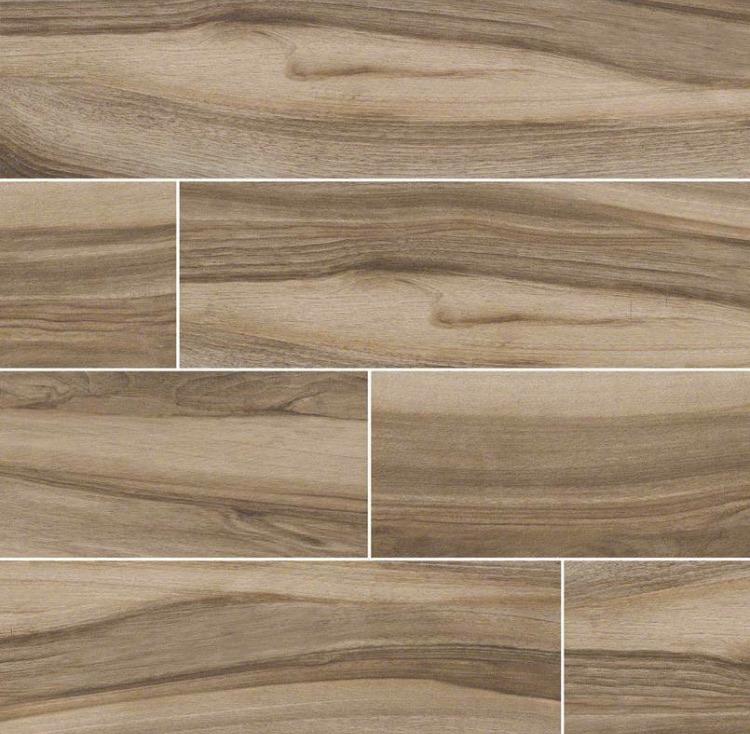 Flat lay of Aspenwood Café 9x48 wood-look tile featuring rich brown tones and authentic wood grain
