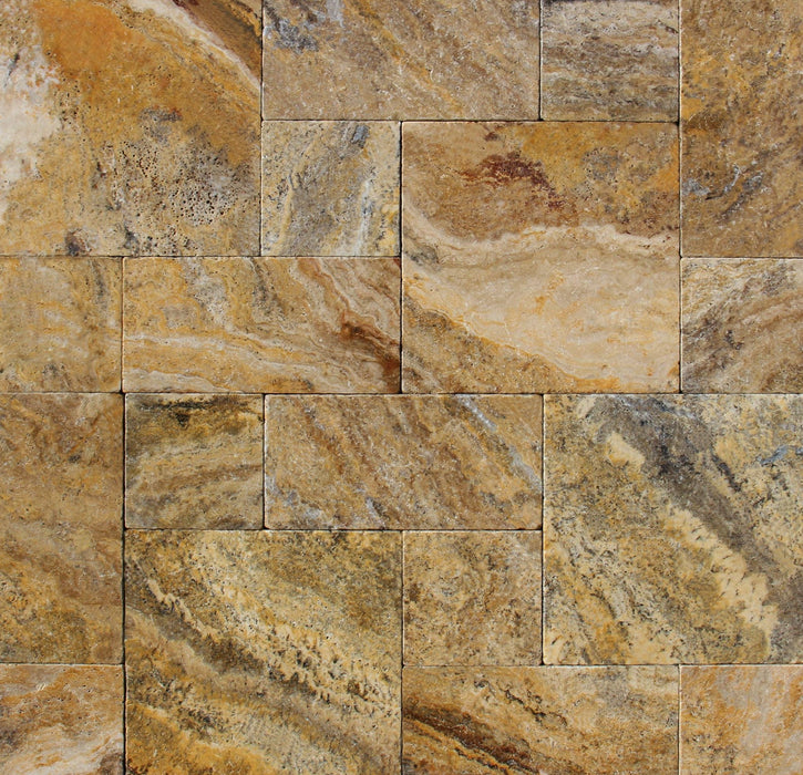 Autumn Travertine Paver in Roman Pattern with golden and burgundy tones