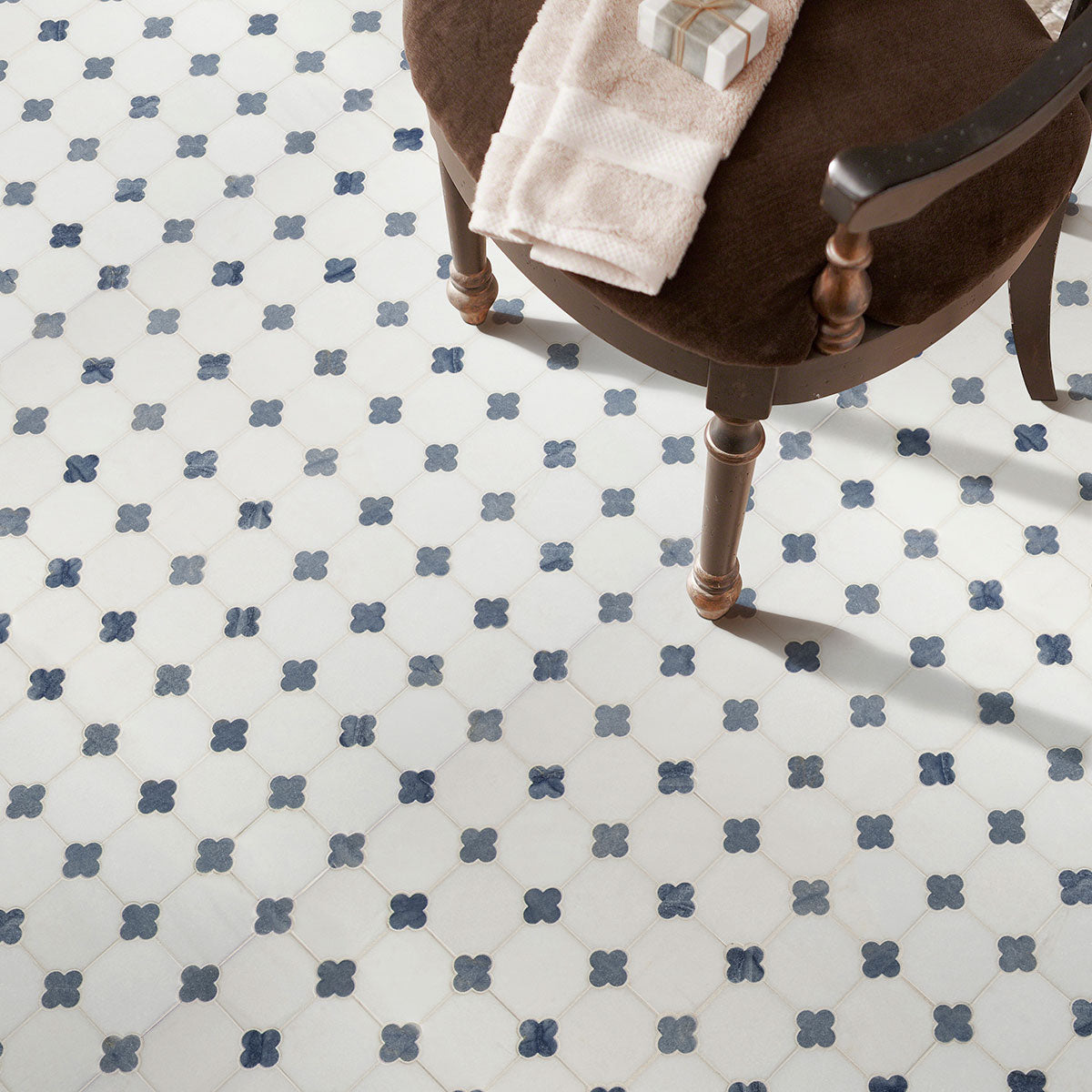 Azula Floret Mosaic Tile installed on floor with elegant floral motif