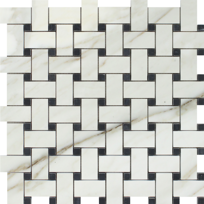 Flat view of Calacatta Gold Basketweave with Black Dots, 12x12 mosaic tile sheet