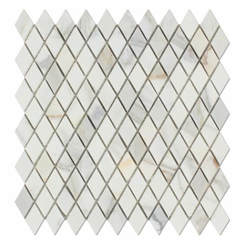 Flat view of Calacatta Gold diamond mosaic tile in polished finish, 1"x2"